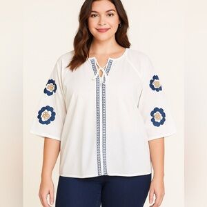 Plus White Blouse with Blue Embroidery